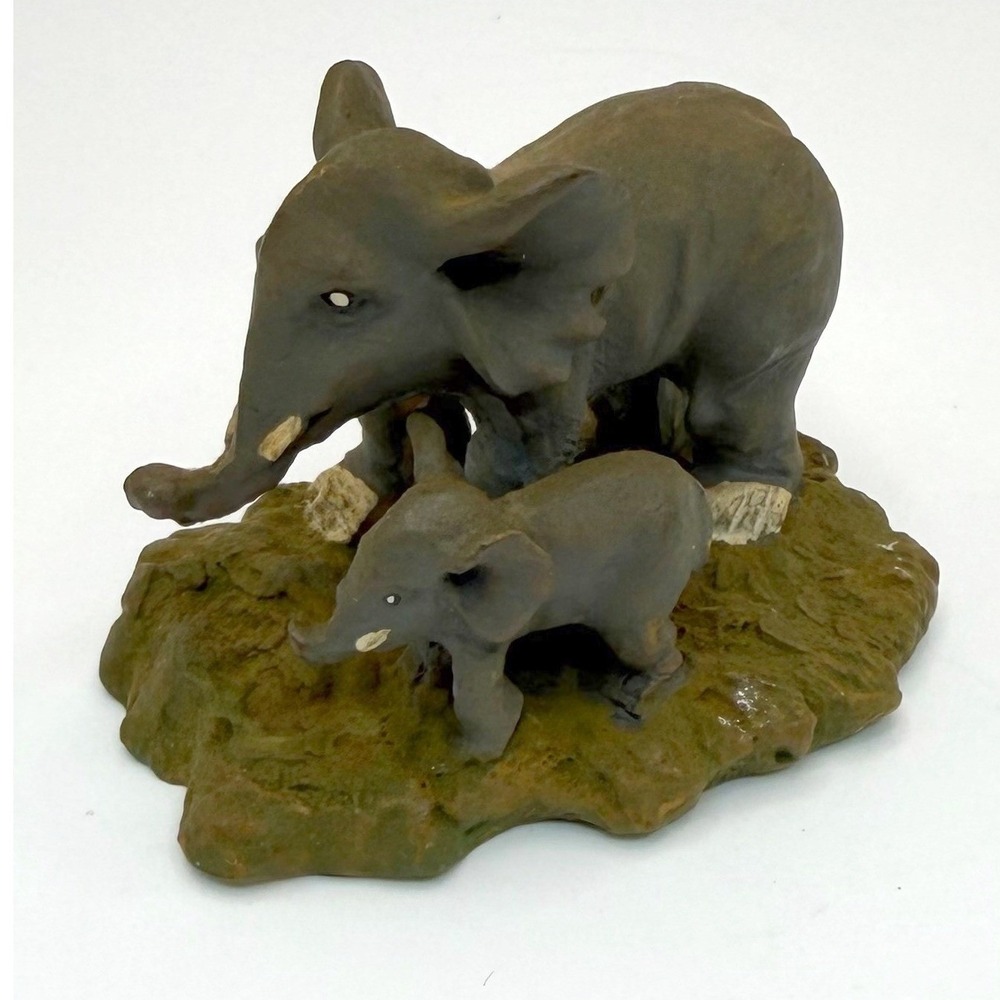 Vintage Mother and Baby Elephant Figurine Sculpture Resin Wildlife Trunk Up